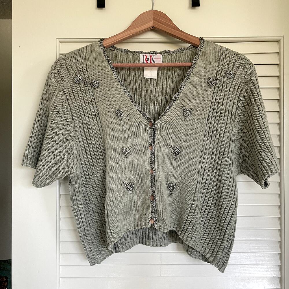 VTG 90s Sage Green Dainty Embroidered Knit Cardigan S/M Fairycore Cottagecore - Picture 2 of 6